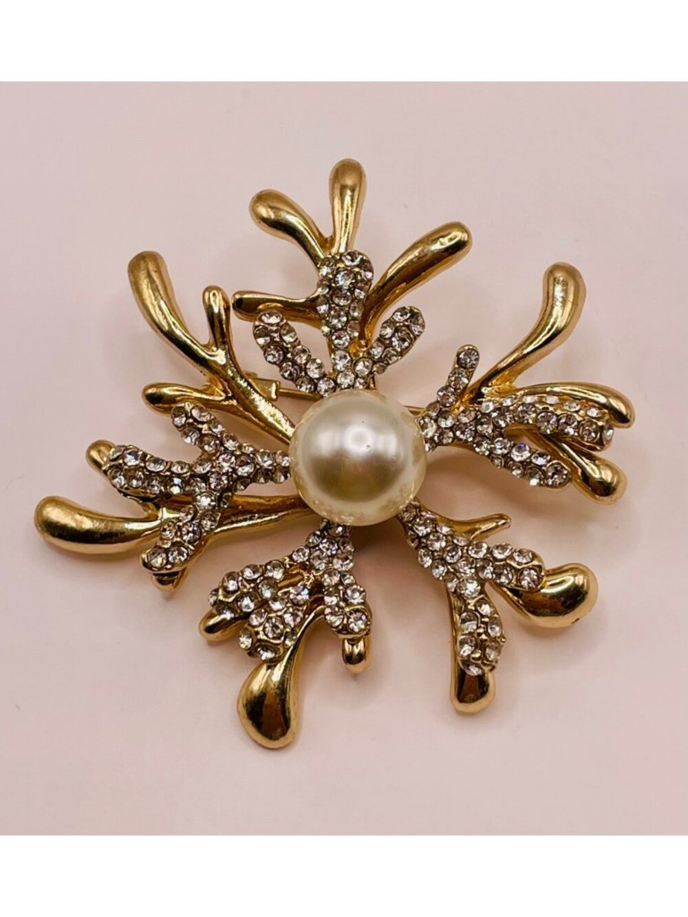 Gold-Tone Crystal & Faux Pearl Snowflake Brooch Pin -73B